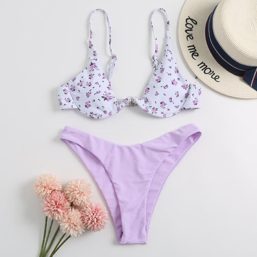 Dame Cup-Bikini-Sæt med blomsterdesign Skovae