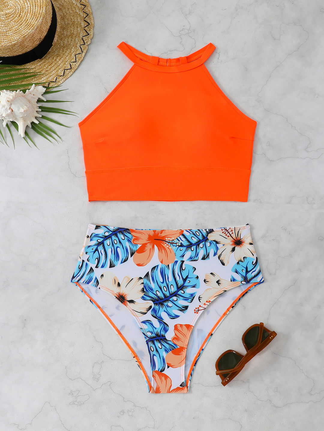 Damer sporty bikini-sæt med højtstående overdel og blomstret mønster Stilla