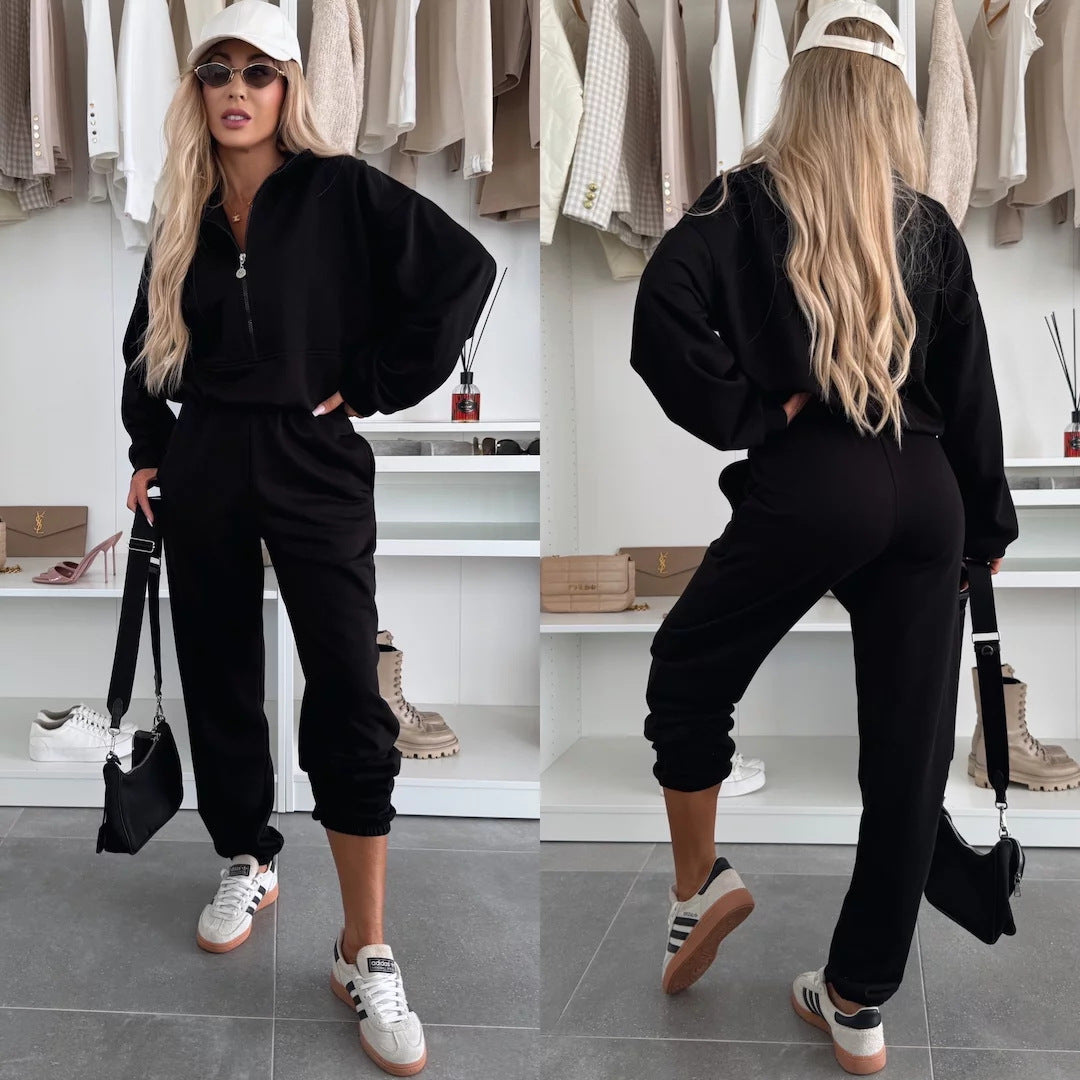 Damer sporty loungewear sæt med modern stå-krave og behagelige lynlås bukser Skovae