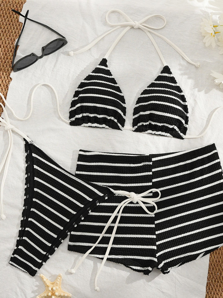 Dame Bikini-Sæt med stribet top og behagelige højtaljede bukser Skovae