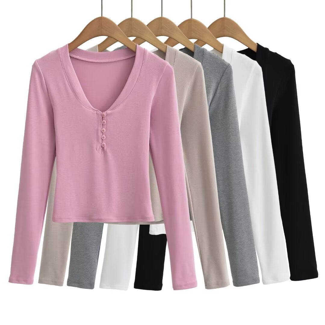 Dame Langærmet Henley T-shirt med elegant V-udskæring og fashionable knapdetalje Stilla