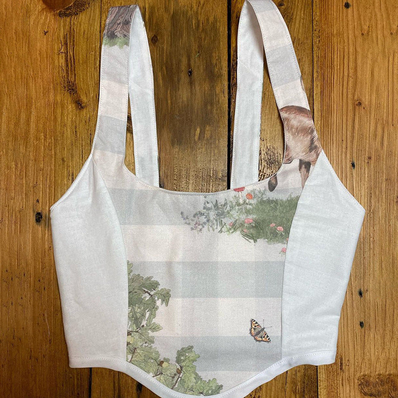 Dame Crop Top med kunstnerisk flora-design og justerbare stropper Skovae
