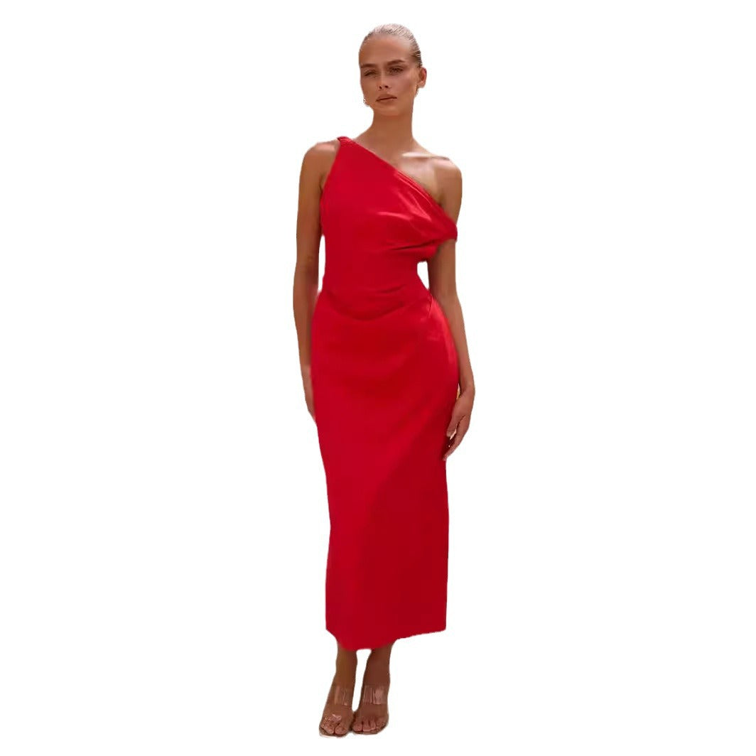 Ladies Elegant Long Sleeve Dress with Asymmetric Design and Refined Draping