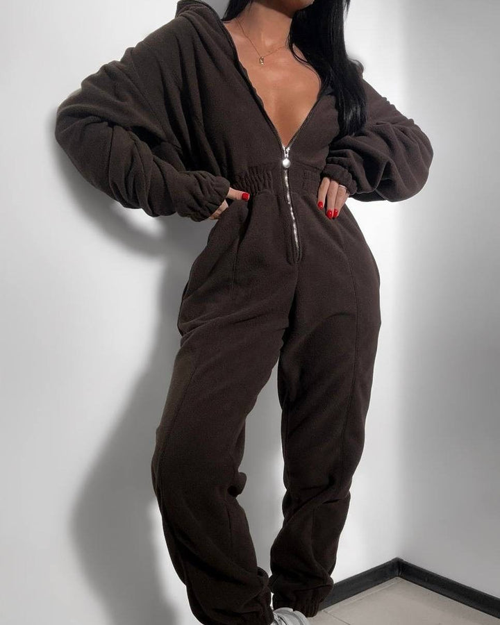 Damerne hyggelige fleece jumpsuit med dyb V-hals og fuld længde lynlås Skovae