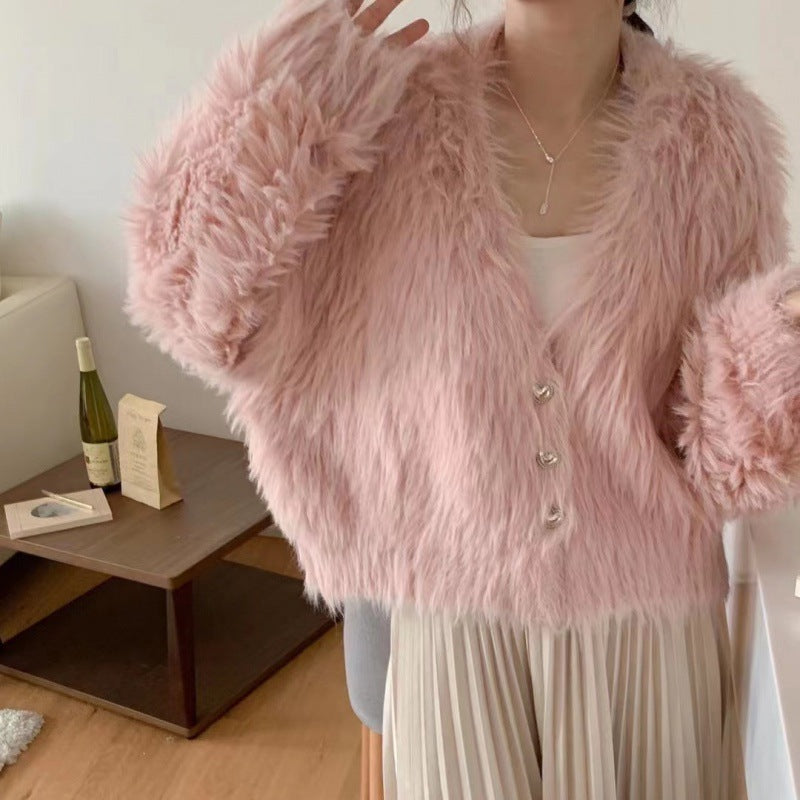 Kvinder Fluffy Cardigan med Hjerte Knapper Stilla