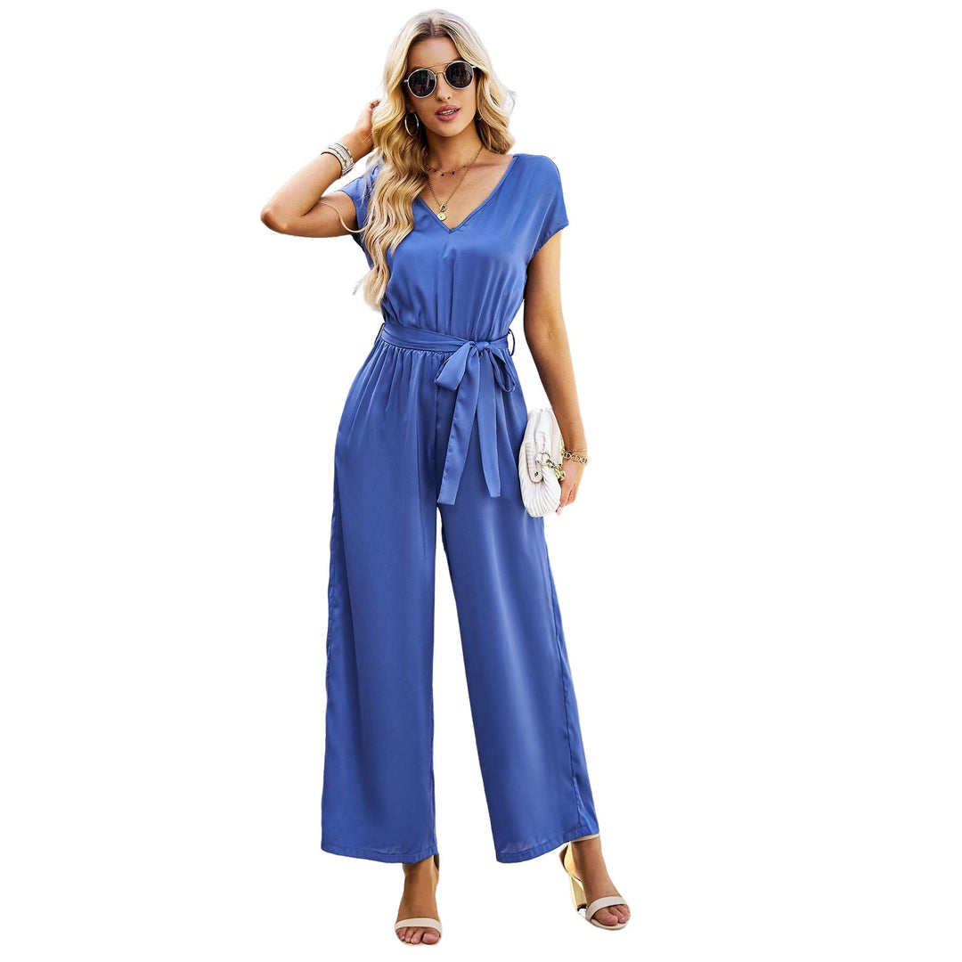 Dame Elegant Jumpsuit med V-udskæring og Bindebælte Skovae
