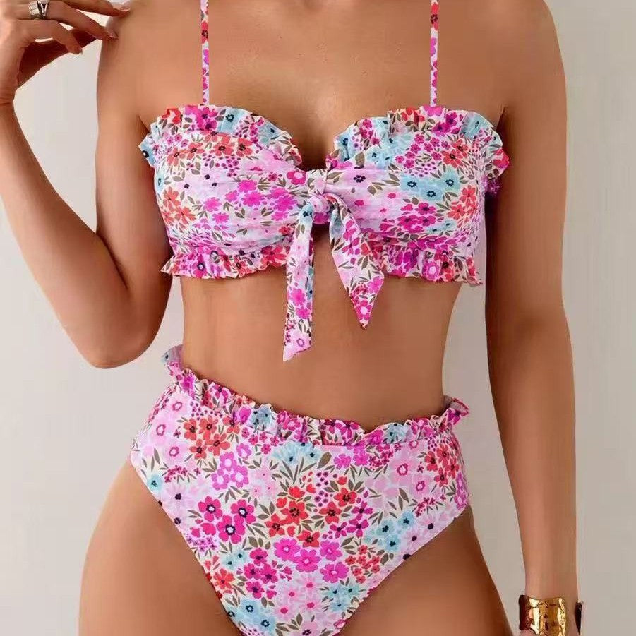 Dame bikini-sæt med muntert blomstermønster og rynket bustier Skovae