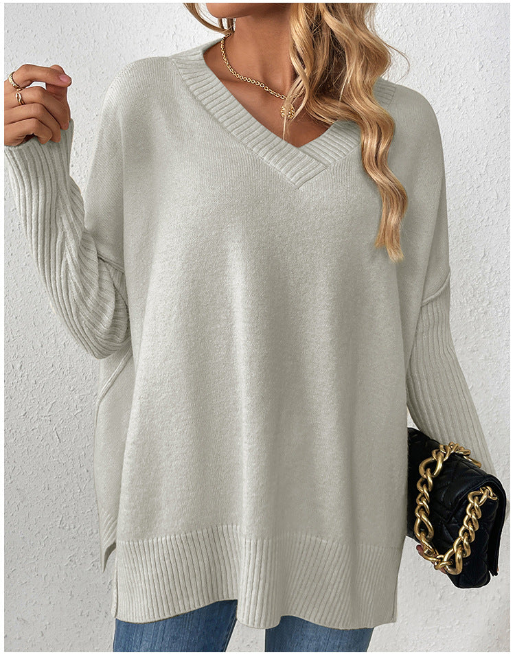 Dame afslappet sweater med dyb V-udskæring og struktureret ribdesign Stilla