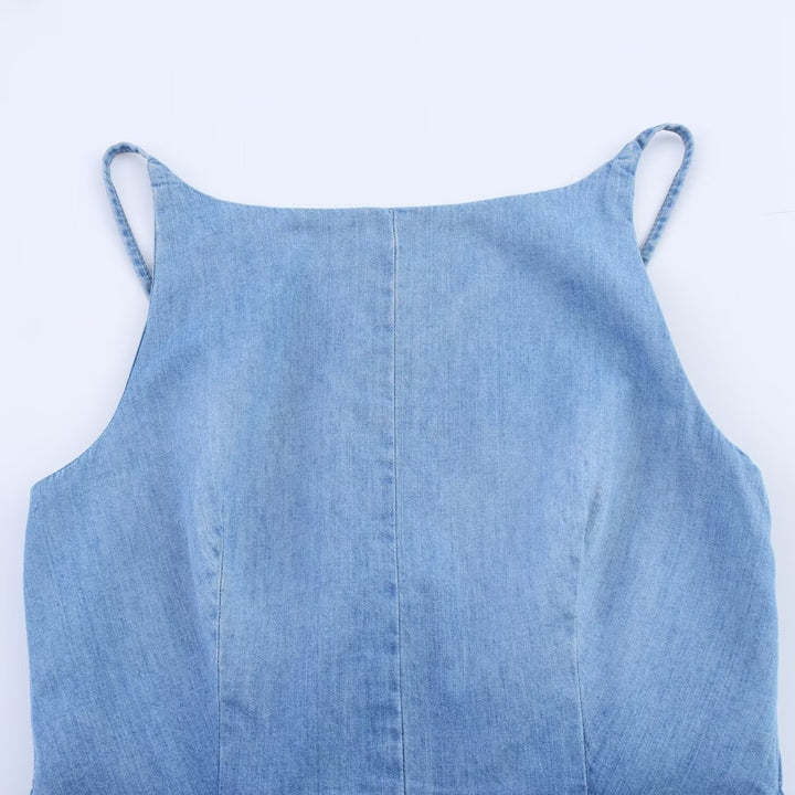 Dame Denim Jumpsuit med smal pasform og justerbare stropper Skovae