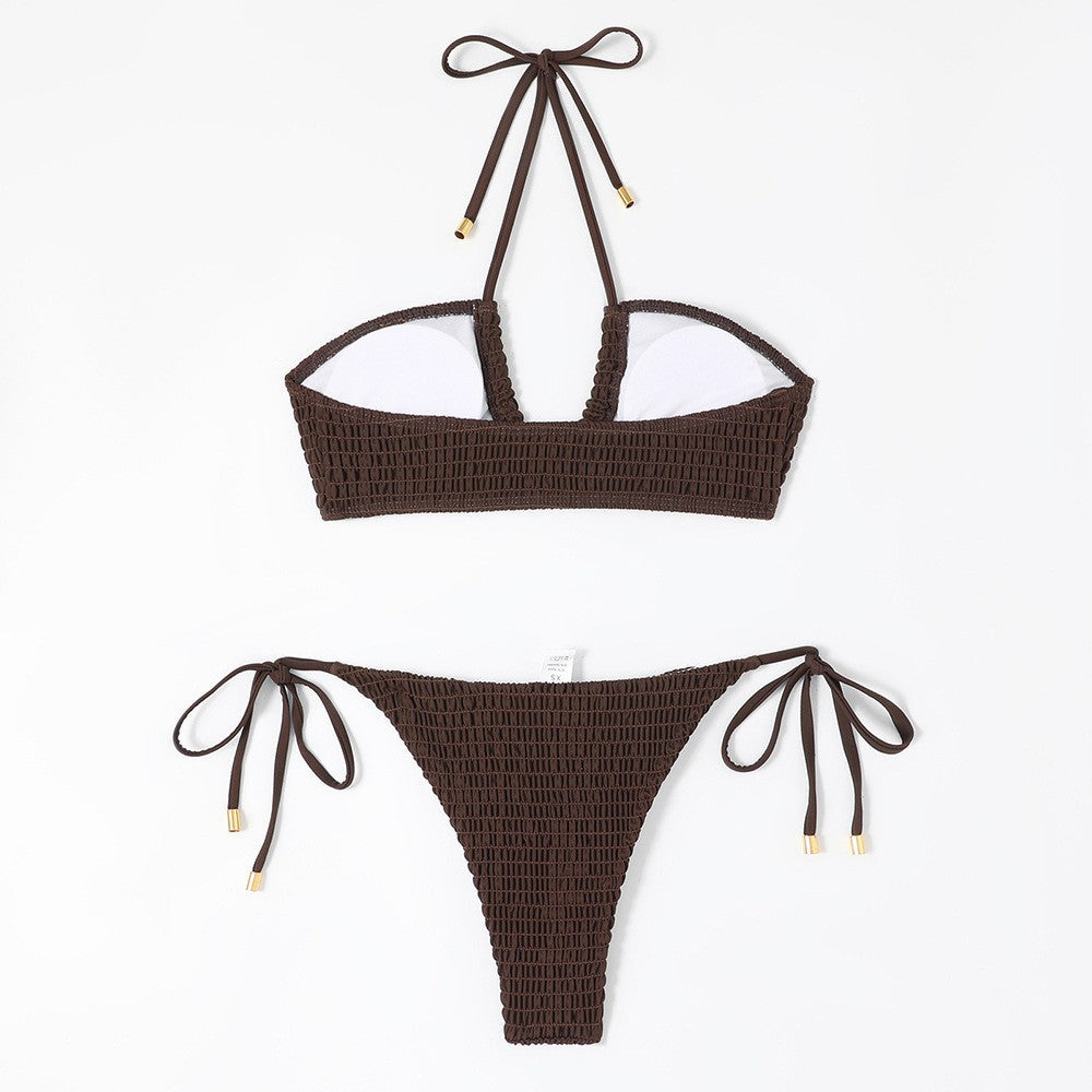 Dame bandeau-bikini-sæt med elastisk ribstof og dekorative snøringer Stilla