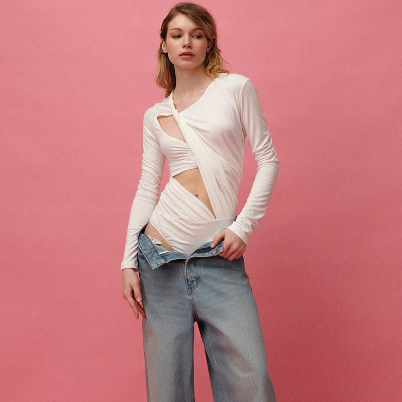 Damer Elegant Langærmet Bodysuit med raffineret Draperingsdesign Skovae