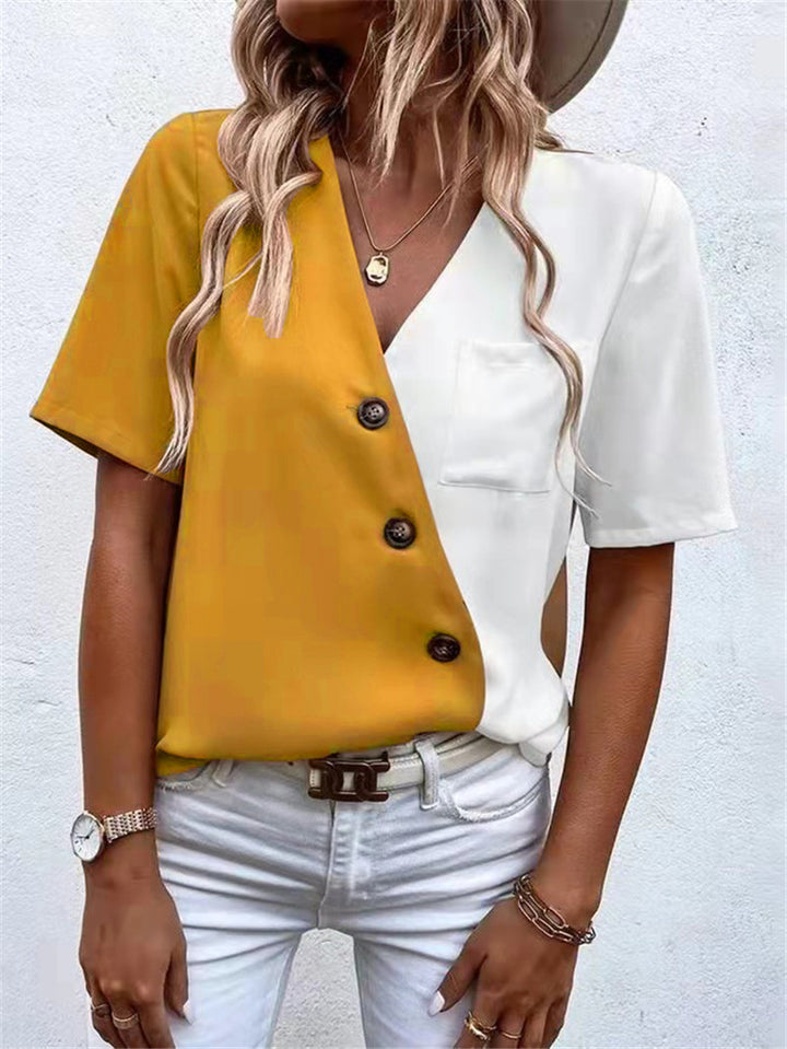 Dame asymmetrisk Button-Up top med kontraststoffer og brystlomme Stilla