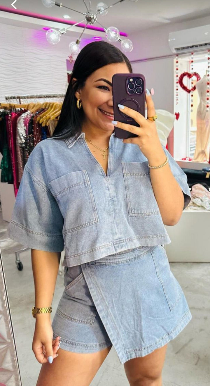 Dame Jeans-mini-sæt med casual kortærmet overdel og smart snit Stilla