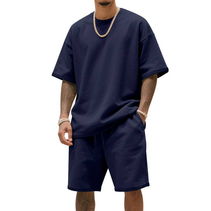 Herrer afslappet jersey-sæt med forlænget rundhalset T-shirt og elastiske snoretræk-shorts Skovae