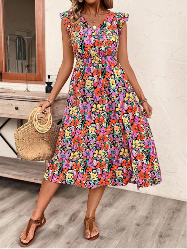 Dame Maxikjole med blomstret design og side split Stilla