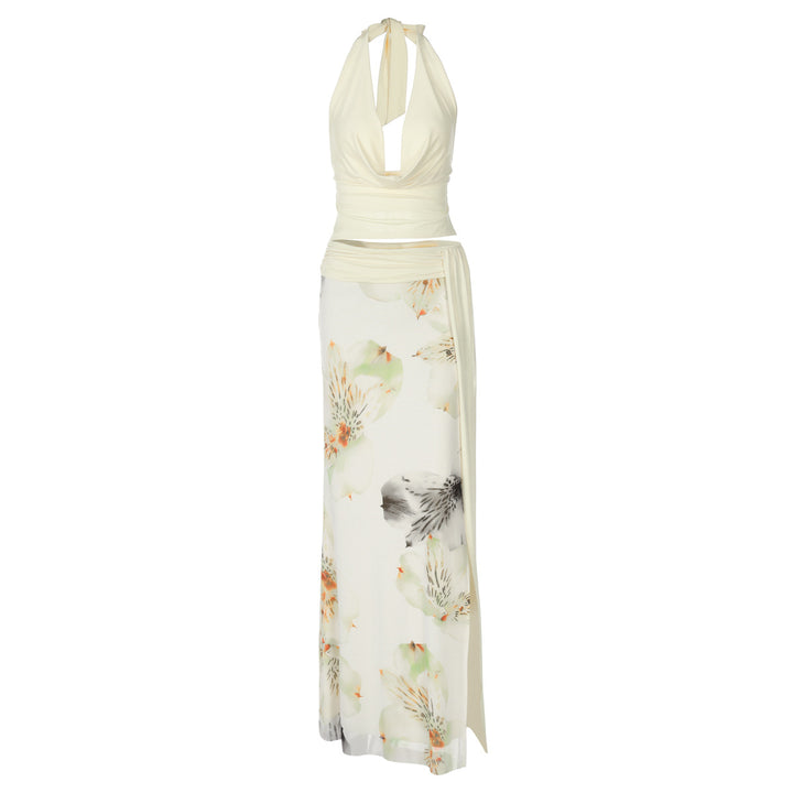 Dame Elegant Maxikjole med blomster halterdesign og sidelukning Skovae