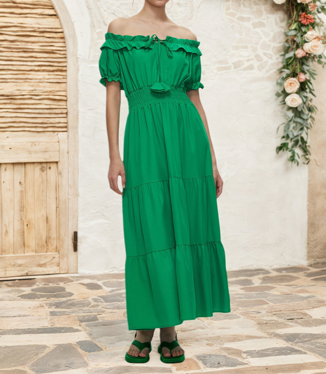Dame Off-Shoulder Maxikjole med elastisk taljebånd og flæse detaljer Stilla
