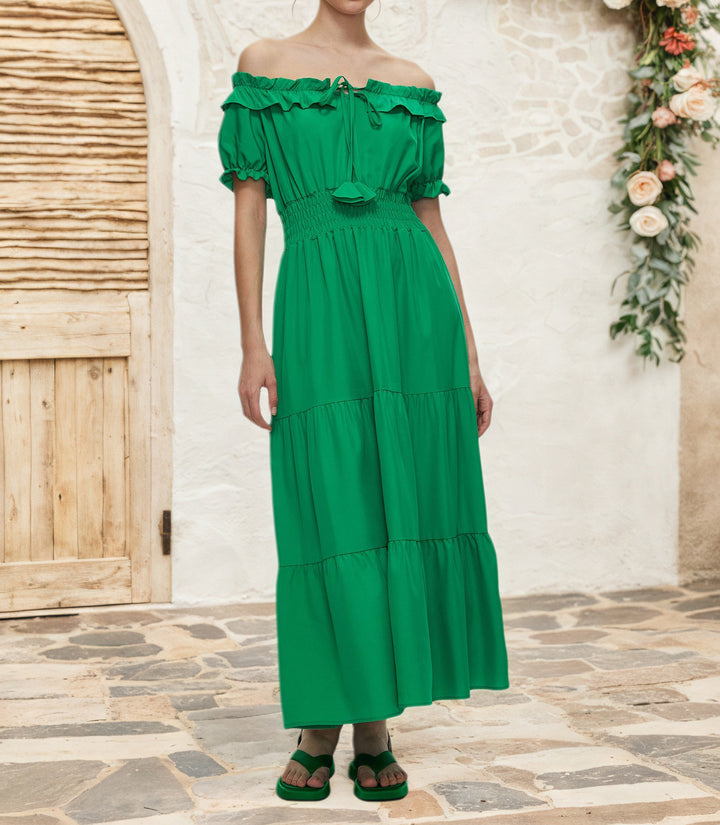 Dame Off-Shoulder Maxikjole med elastisk taljebånd og flæse detaljer Stilla