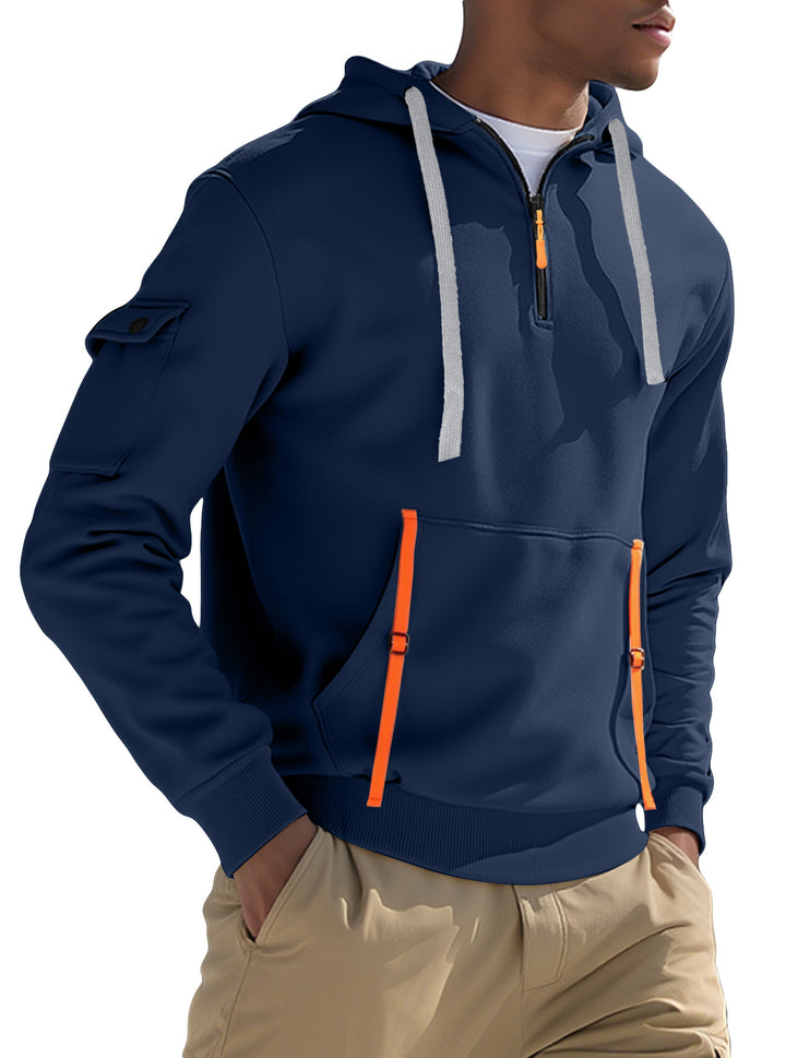 Herrer nan urbaner Tech-hoodie halvziptrøje med utility-ærmelomme, kængurulomme og justerbare lynlås-bånd Skovae