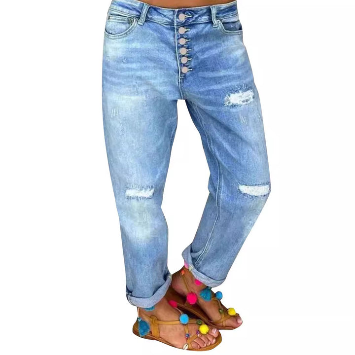 Dame Boyfriend Jeans med knapstolpe og afslappede destroyed-detaljer Stilla