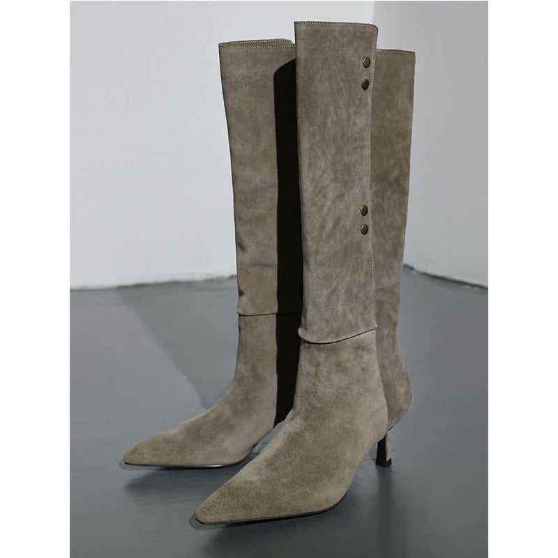 Femme Over-knæet Suede Spidse Stiletto Støvler med Dekorative Knapper Stilla