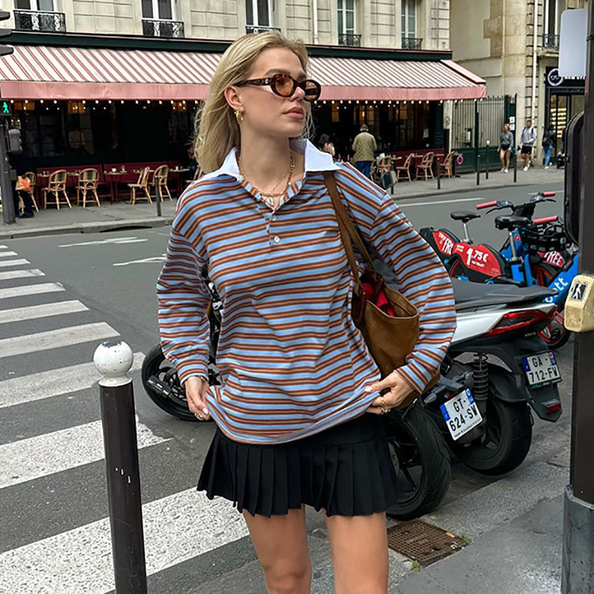 Dame Lækkert Langærmet T-shirt med moderne krave og stribemønster Stilla