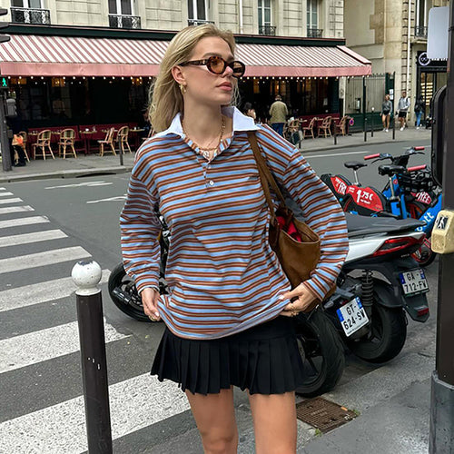Dame Lækkert Langærmet T-shirt med moderne krave og stribemønster Stilla