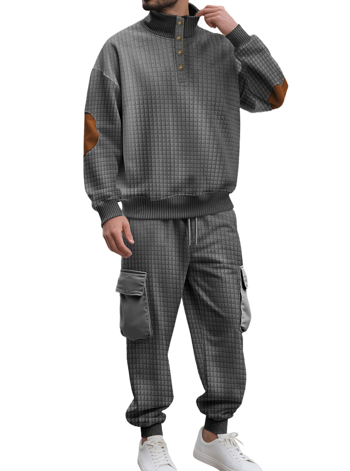 Herren nan Karo-relief-sweatset med ståkrave-knapliste, velour-ellbogenlapper og cargo-jogger Skovae