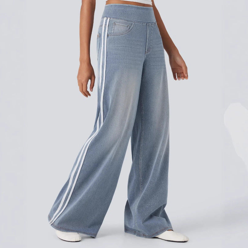 Damerne let baggy joggingbukser i jeanslook med elastisk komforttalje, sidelæssede kontraststriber og stiklommer Skovae