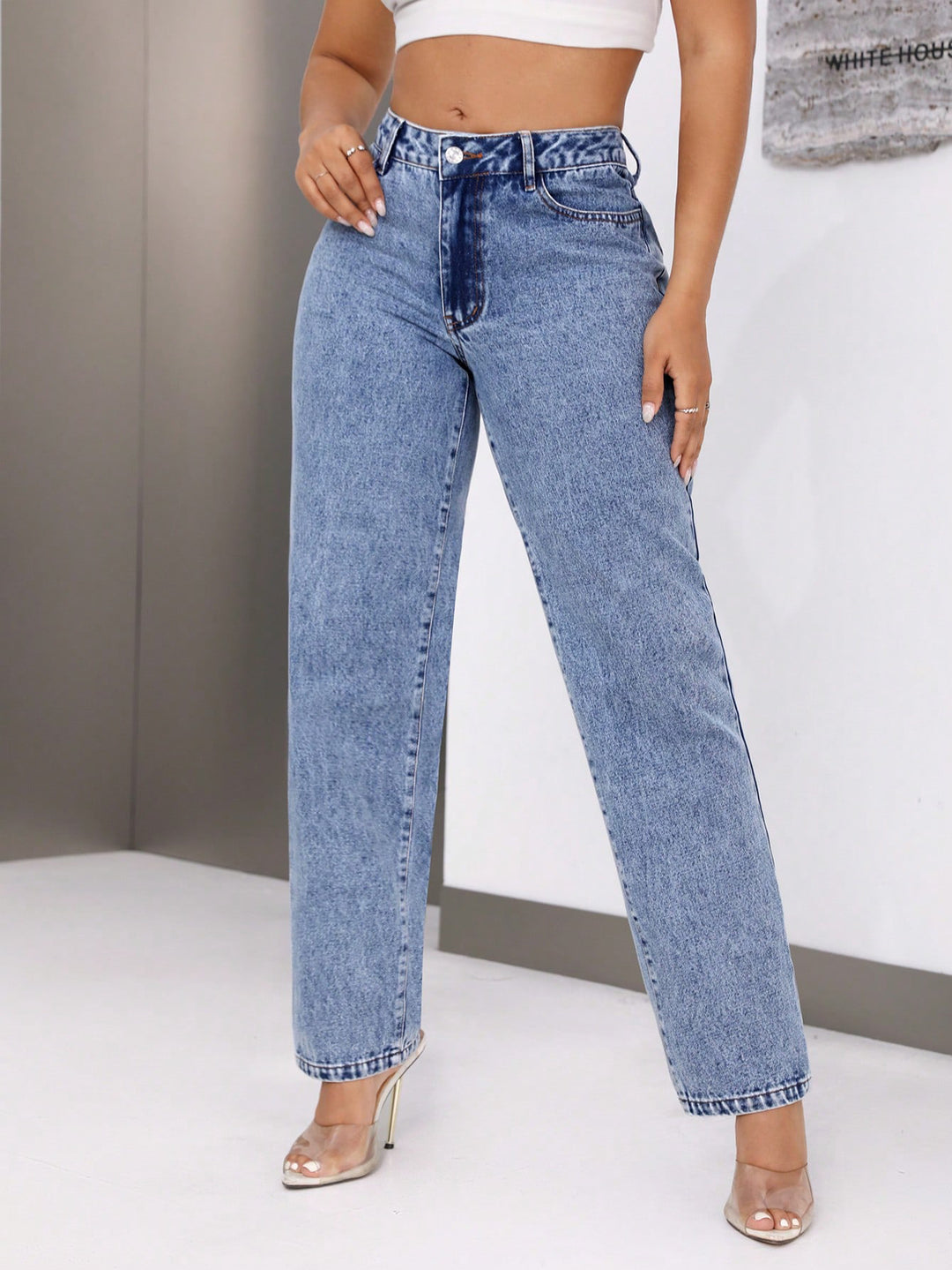Dame Højtaljede Jeans med Bred Ben Stilla