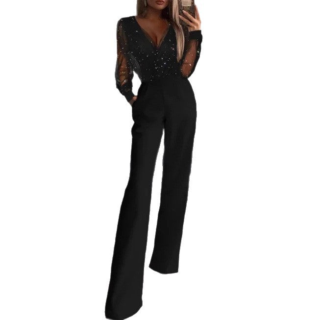 Kvinder Elegant Jumpsuit med Transparent Bluse og Glitrende Akcenter Skovae