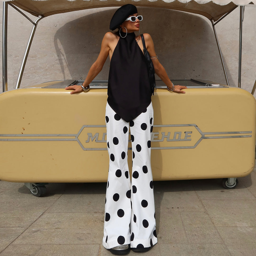 Dame Fashionable flared pants with stylish polka dot design Skovae