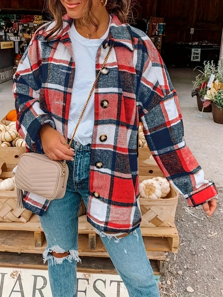 Dame Tjekket Flanneljakke med Knapdetaljer og Casual Snit Stilla