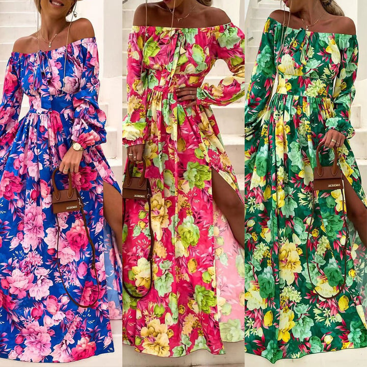 Dame Maxi-kjole med tropisk blomsterdesign og skulderfri design Stilla