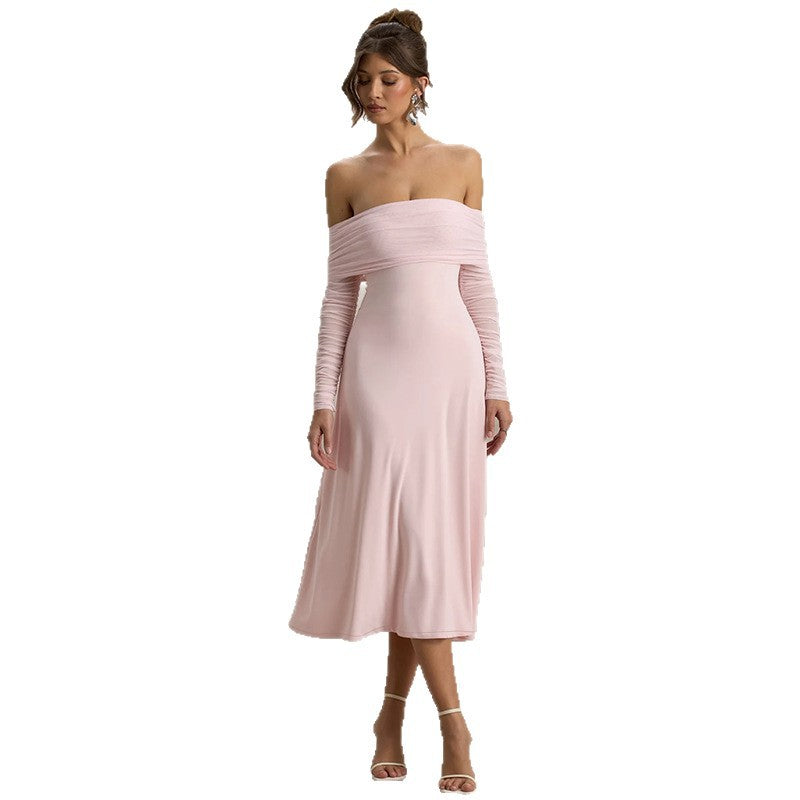 Damer elegant off-shoulder midi-kjole med flæse-detaljer og gennemsigtige ærmer Skovae