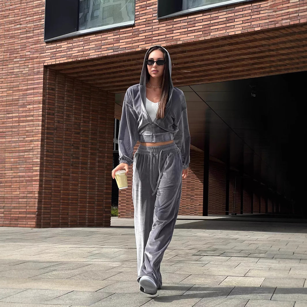 Kvinders velour tracksuit med høj talje og cropped jakke Skovae
