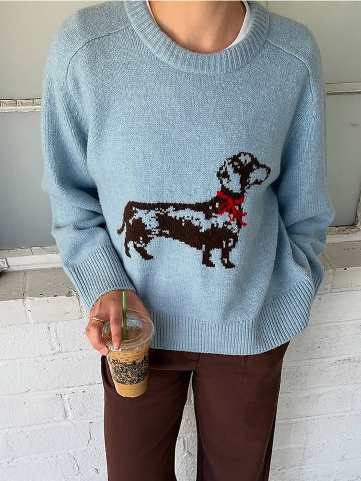 Damer strikket sweater med hundemotiv Stilla