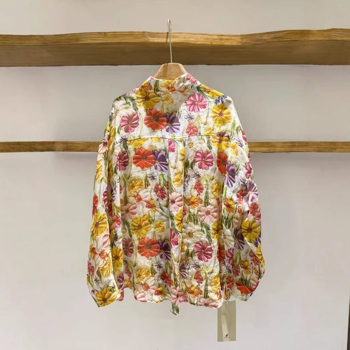 Dame Floral Print Tekstureret Knappet Skjorte Stilla