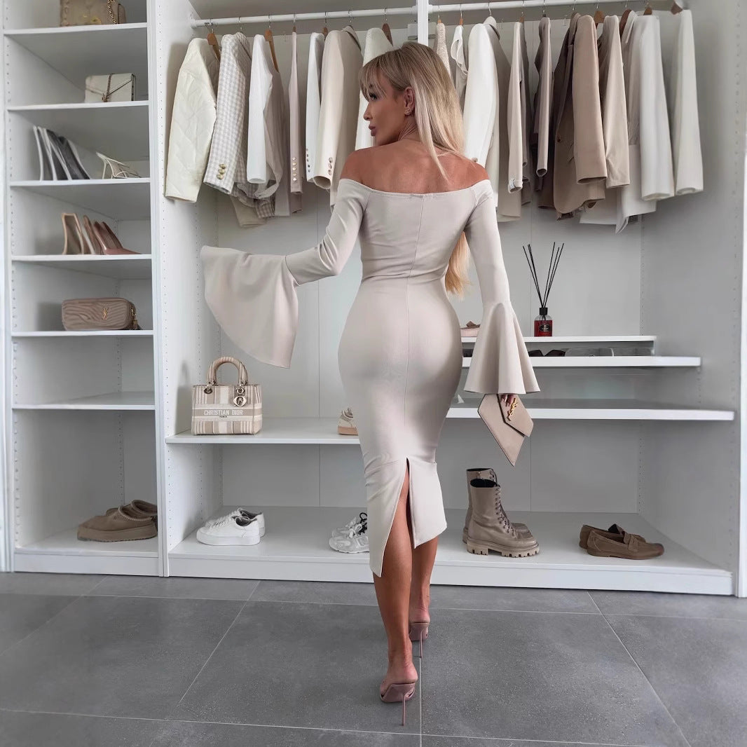 Dame Elegant Off-Shoulder Midi Kjole med Trompet Ærmer Stilla