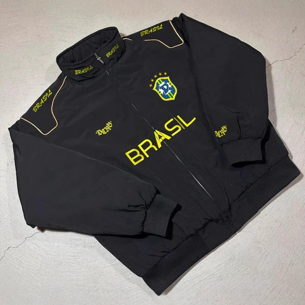 Unisex nan sporty retro træningsjakke med høj krave lynlås brystemblem og Brasilien-tekst Skovae