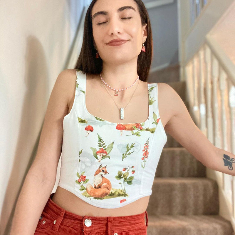 Dame Crop Top med kunstnerisk flora-design og justerbare stropper Skovae