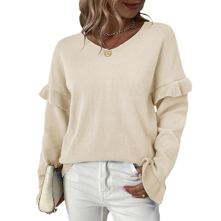 Damer Elegant Pullover med Volangdetaljer og V-Udskæring Stilla