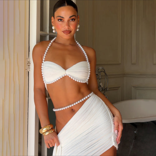 Dame Elegant Bikinisæt med draperede detaljer og perleaccenter Skovae