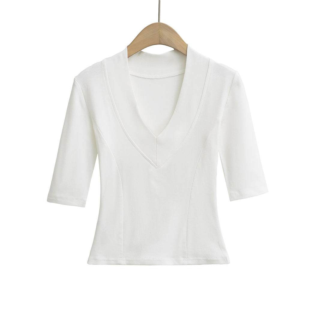 Dame elegant bluse med dyb V-hals og korte ærmer Stilla