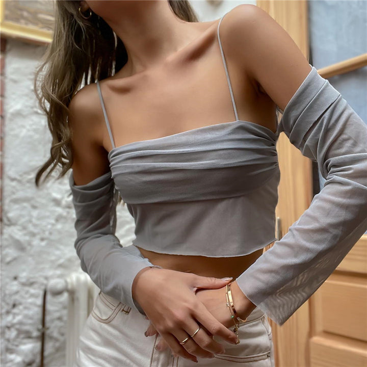 Dame Crop-top med Elegant Drapering og Gennemsigtige Ærmer Stilla