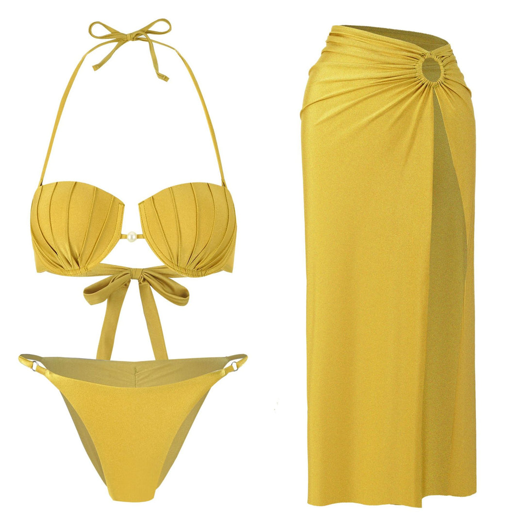 Dame bikini-sæt med elegant bandeau-top og fashionable indpakningsskørt Stilla