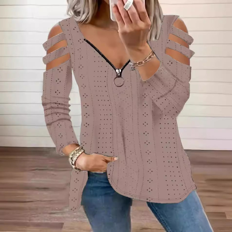 Dame longsleeve bluse med cut-outs og lynlås Stilla
