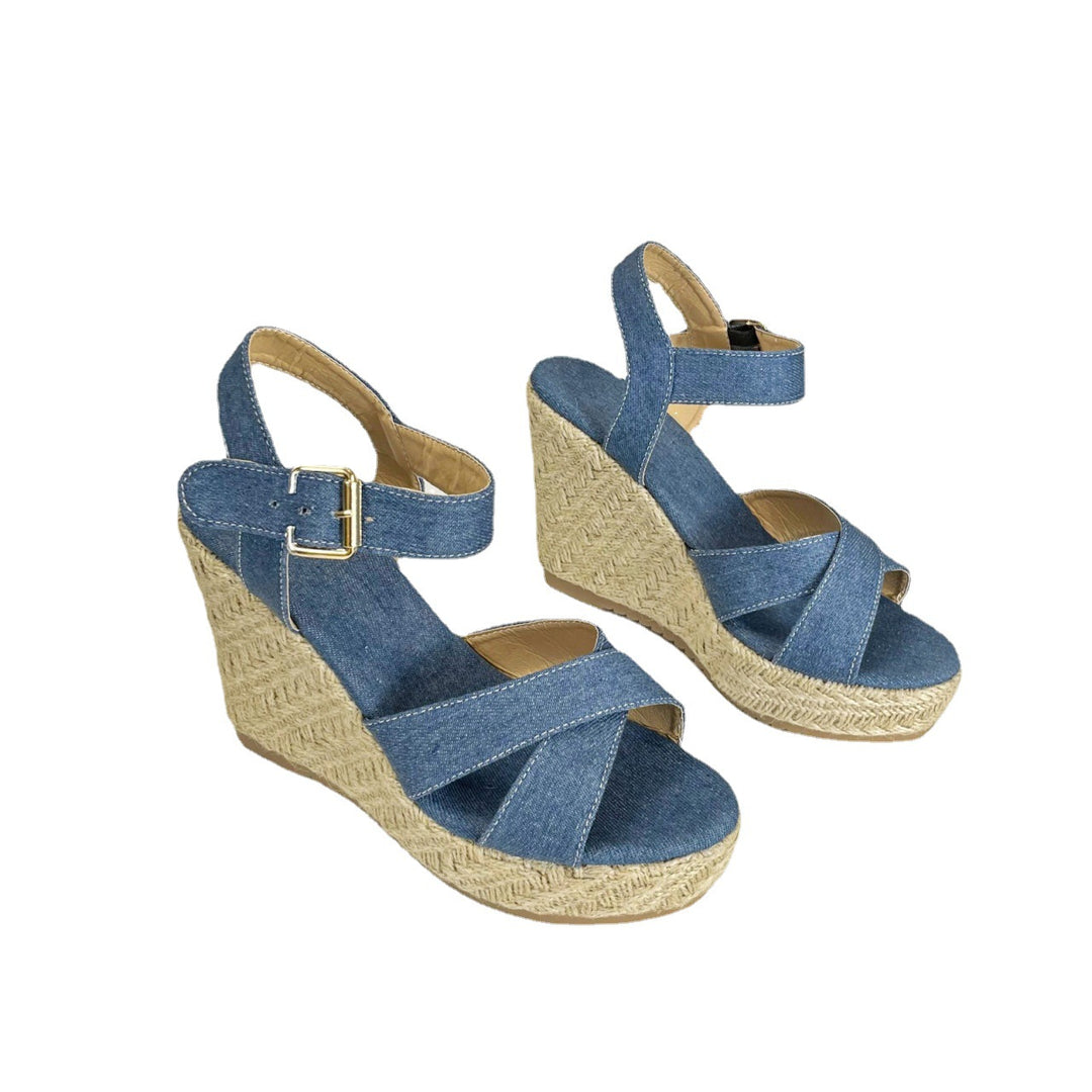 Dame nan Keil-Espadrille-sandal med flettet juteplatform, krydsede tekstilremme og justerbar metalspænde Skovae