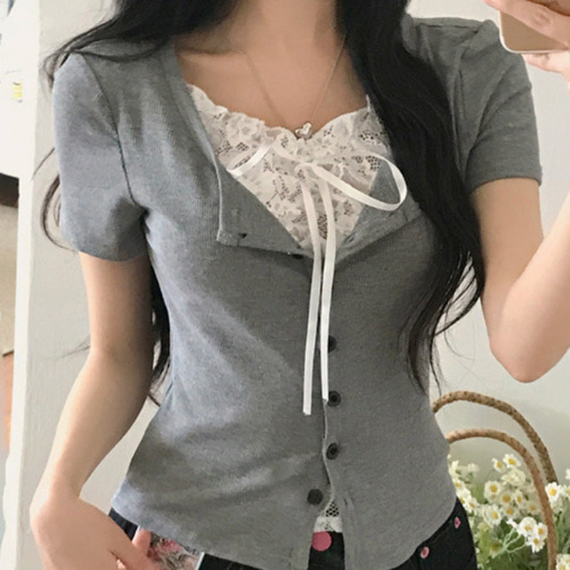 Dame spids-top med off-shoulder design og elegant snøring Skovae