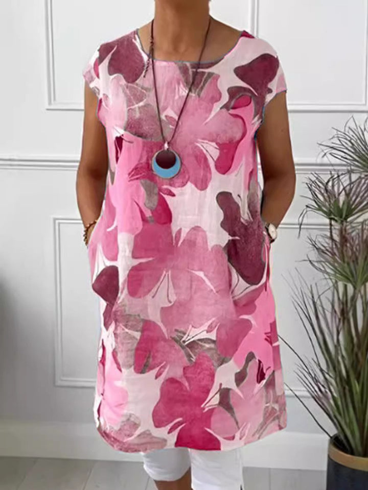 Dame nan let tunika-midi kjole lavet af linnedmix med akvarelblomsterprint og sidelommer Skovae